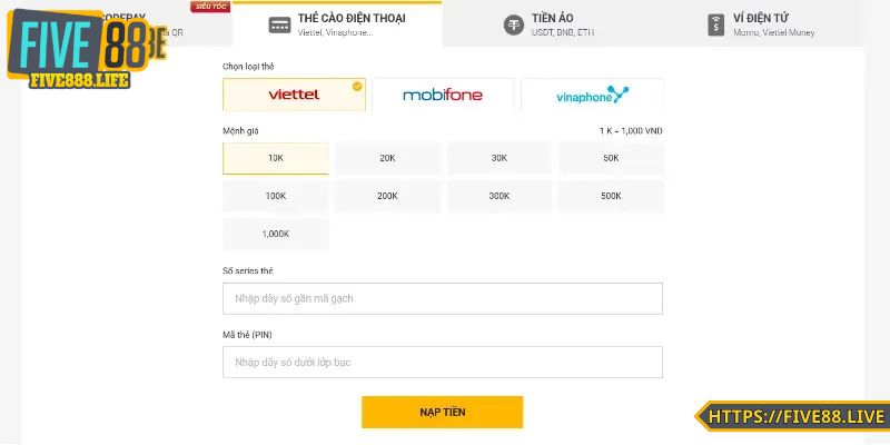 Các bước nạp tiền được hướng dẫn chi tiết